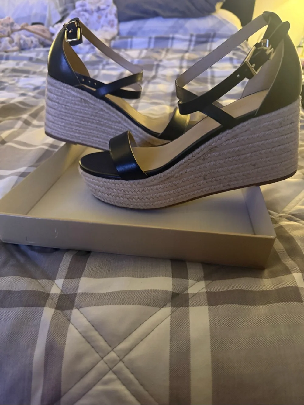Michael Kors Black Leather Espadrille Wedge Sandals
